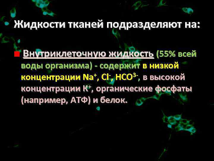 Жидкости тканей подразделяют на: Внутриклеточную жидкость (55% всей воды организма) - содержит в низкой