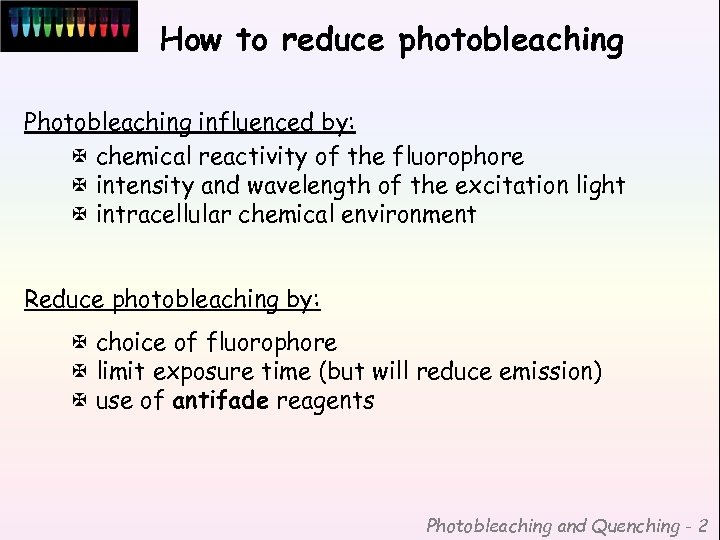 How to reduce photobleaching Photobleaching influenced by: X chemical reactivity of the fluorophore X