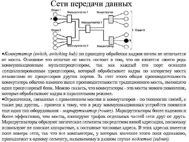 Сети передачи данных Коммутатор (switch, switching hub) по принципу обработки кадров ничем не отличается