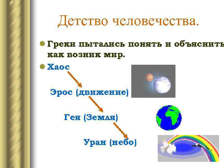 Детство человечества. l Греки пытались понять и объяснить как возник мир. l Хаос Эрос