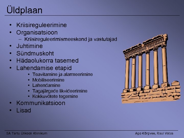 Üldplaan • Kriisireguleerimine • Organisatsioon – Kriisireguleerimismeeskond ja vastutajad • • Juhtimine Sündmuskoht Hädaolukorra