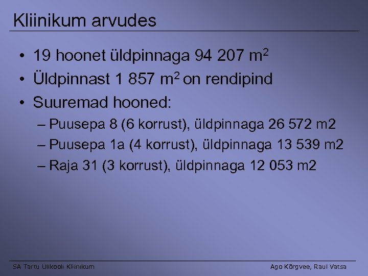 Kliinikum arvudes • 19 hoonet üldpinnaga 94 207 m 2 • Üldpinnast 1 857