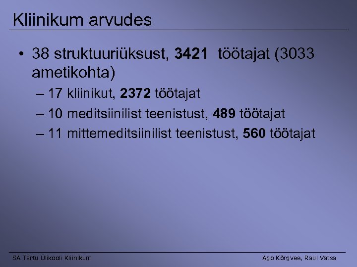 Kliinikum arvudes • 38 struktuuriüksust, 3421 töötajat (3033 ametikohta) – 17 kliinikut, 2372 töötajat