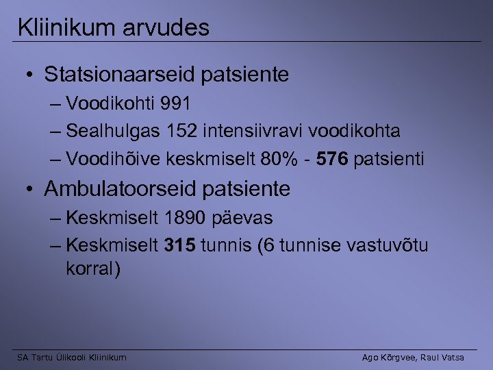 Kliinikum arvudes • Statsionaarseid patsiente – Voodikohti 991 – Sealhulgas 152 intensiivravi voodikohta –