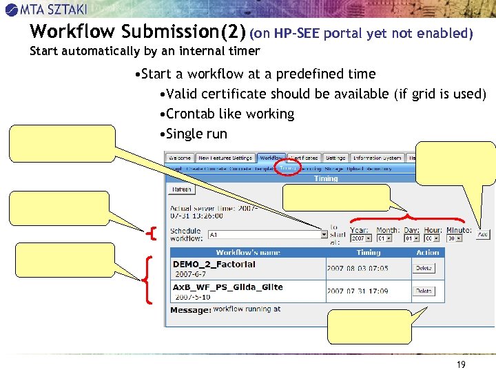 Workflow Submission(2) (on HP-SEE portal yet not enabled) Start automatically by an internal timer