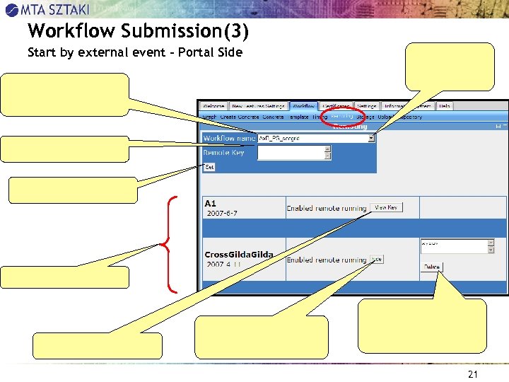 Workflow Submission(3) Start by external event – Portal Side 21 