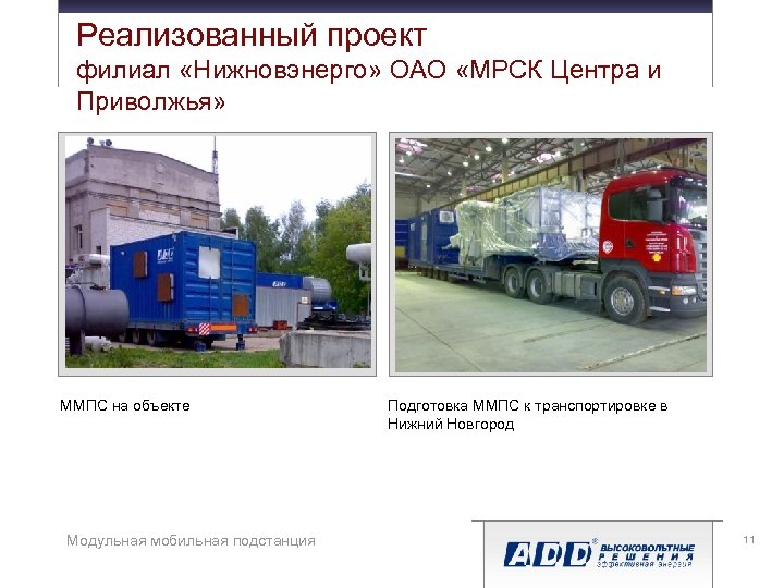 Реализованный проект филиал «Нижновэнерго» ОАО «МРСК Центра и Приволжья» ММПС на объекте Модульная мобильная