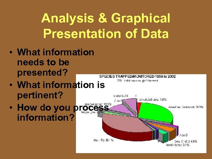 Analysis & Graphical Presentation of Data • What information needs to be presented? •