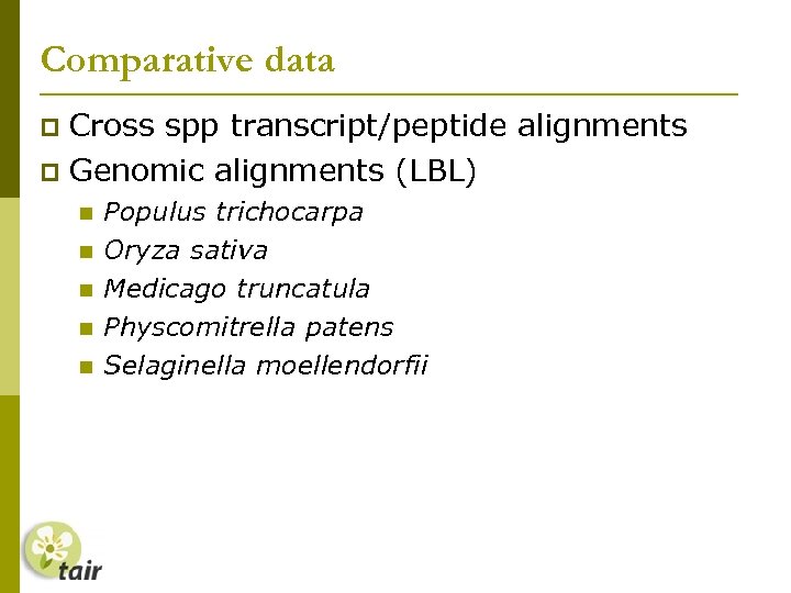 Comparative data Cross spp transcript/peptide alignments Genomic alignments (LBL) Populus trichocarpa Oryza sativa Medicago