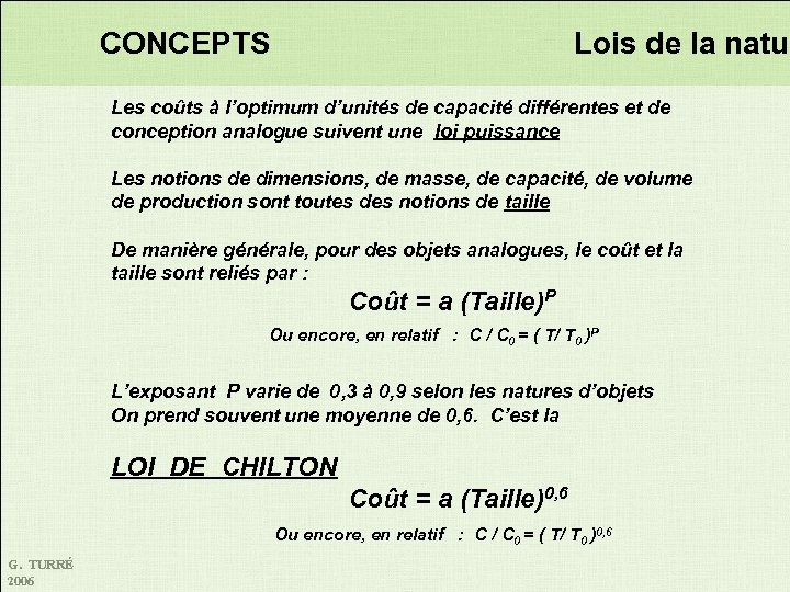 CONCEPTS Lois de la natur Les coûts à l’optimum d’unités de capacité différentes et