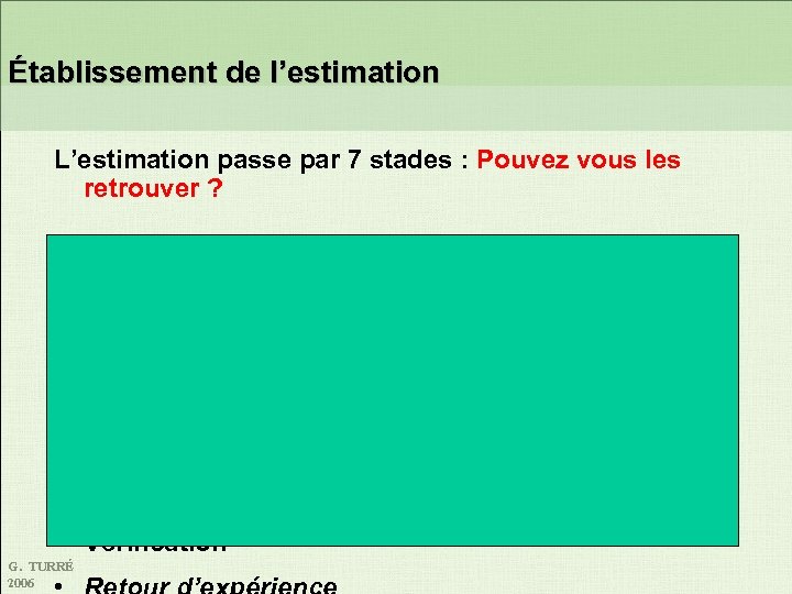  Établissement de l’estimation L’estimation passe par 7 stades : Pouvez vous les retrouver