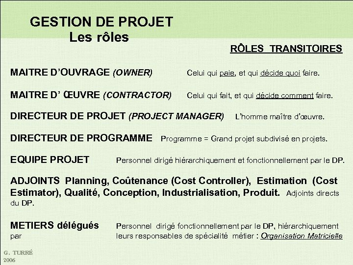 GESTION DE PROJET Les rôles RÔLES TRANSITOIRES MAITRE D’OUVRAGE (OWNER) Celui qui paie, et