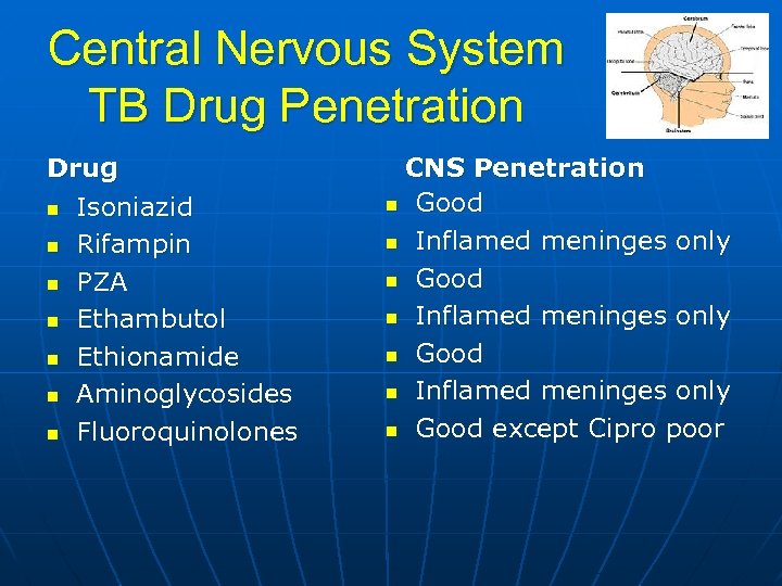 Central Nervous System TB Drug Penetration Drug n Isoniazid n Rifampin n PZA n