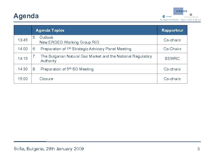 Agenda Topics Rapporteur 13: 45 5. Outlook New ERGEG Working Group RIG Co-chairs 14: