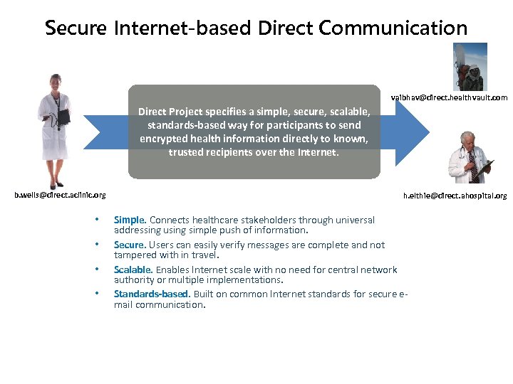 Secure Internet-based Direct Communication vaibhav@direct. healthvault. com Direct Project specifies a simple, secure, scalable,
