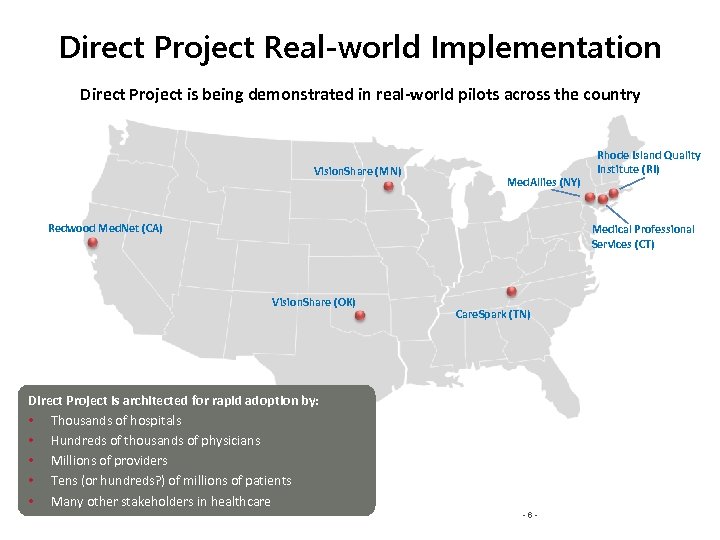 Direct Project Real-world Implementation Direct Project is being demonstrated in real-world pilots across the