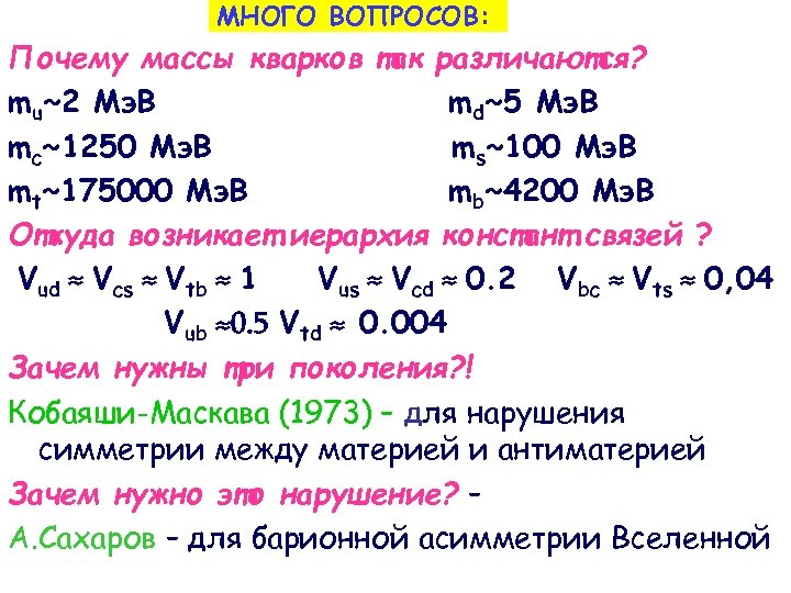 МНОГО ВОПРОСОВ: Почему массы кварков так различаются? mu~2 Мэ. В md~5 Мэ. В mc~1250