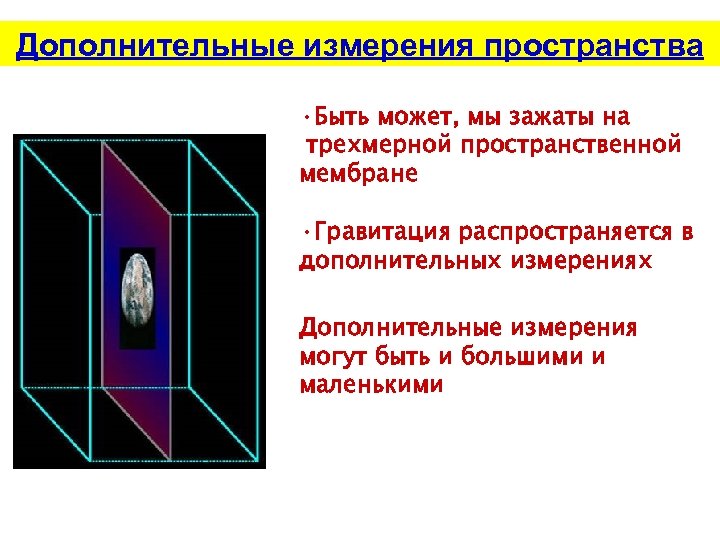 Дополнительные измерения пространства • Быть может, мы зажаты на трехмерной пространственной мембране • Гравитация