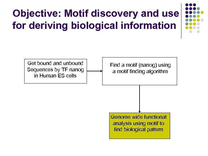 Objective: Motif discovery and use for deriving biological information Get bound and unbound Sequences