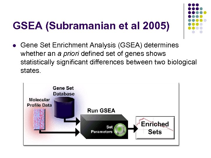 GSEA (Subramanian et al 2005) l Gene Set Enrichment Analysis (GSEA) determines whether an