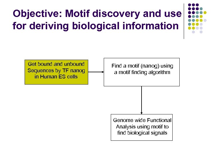 Objective: Motif discovery and use for deriving biological information Get bound and unbound Sequences