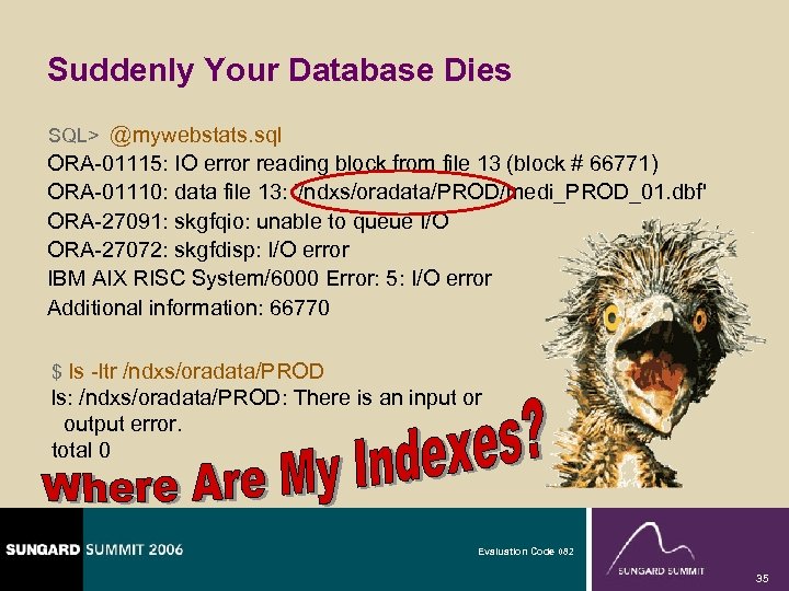 Suddenly Your Database Dies SQL> @mywebstats. sql ORA-01115: IO error reading block from file
