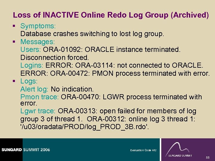 Loss of INACTIVE Online Redo Log Group (Archived) § Symptoms: Database crashes switching to