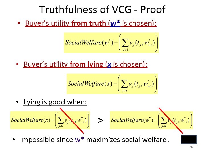 Truthfulness of VCG - Proof • Buyer’s utility from truth (w* is chosen): •