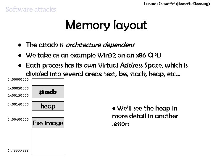 Software attacks Lorenzo Dematte’ (dematte@ieee. org) Memory layout • The attack is architecture dependent