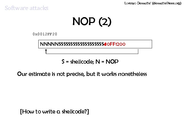 Lorenzo Dematte’ (dematte@ieee. org) Software attacks NOP (2) 0 x 0012 FF 20 NNNNNSSSSSSSSSS
