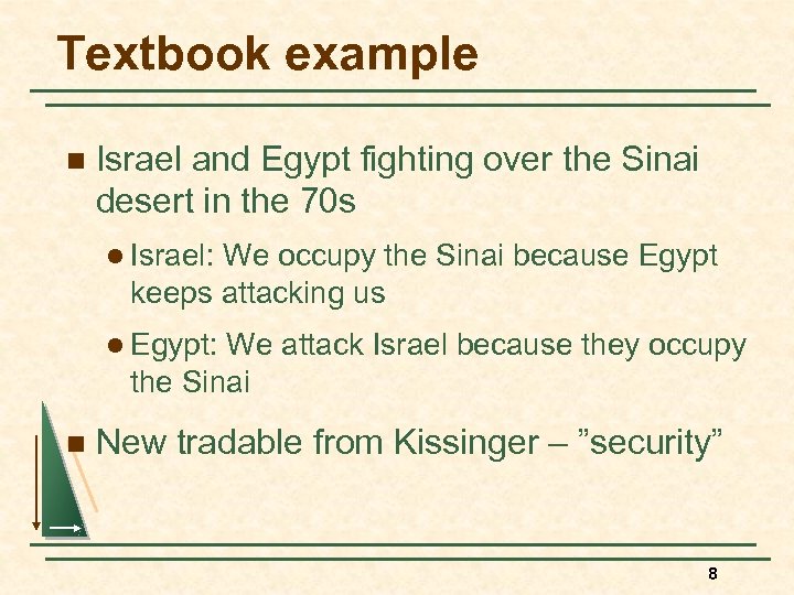 Textbook example n Israel and Egypt fighting over the Sinai desert in the 70