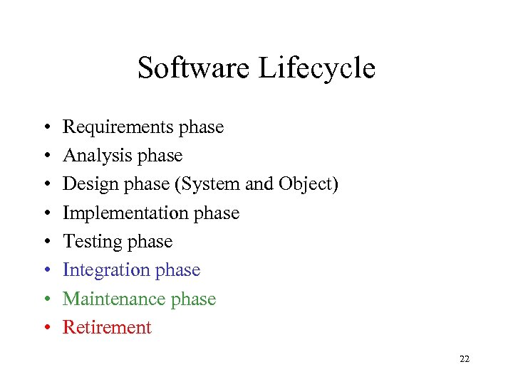 Software Lifecycle • • Requirements phase Analysis phase Design phase (System and Object) Implementation