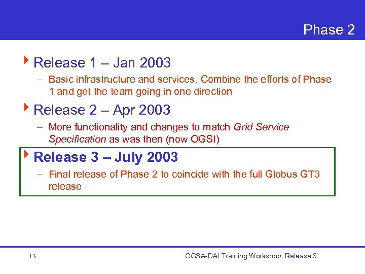 Phase 2 4 Release 1 – Jan 2003 – Basic infrastructure and services. Combine