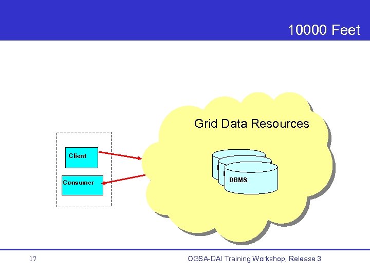 10000 Feet Grid Data Resources Client Consumer 17 DBMS OGSA-DAI Training Workshop, Release 3