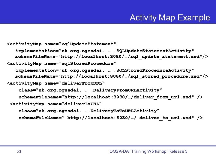 Activity Map Example <activity. Map name="sql. Update. Statement" implementation="uk. org. ogsadai. …. SQLUpdate. Statement.