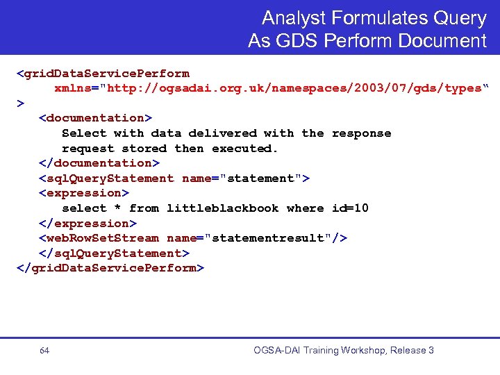 Analyst Formulates Query As GDS Perform Document <grid. Data. Service. Perform xmlns="http: //ogsadai. org.