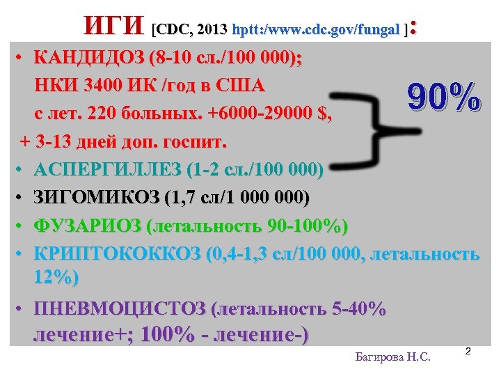 ИГИ [CDC, 2013 hptt: /www. cdc. gov/fungal ]: • КАНДИДОЗ (8 -10 сл. /100