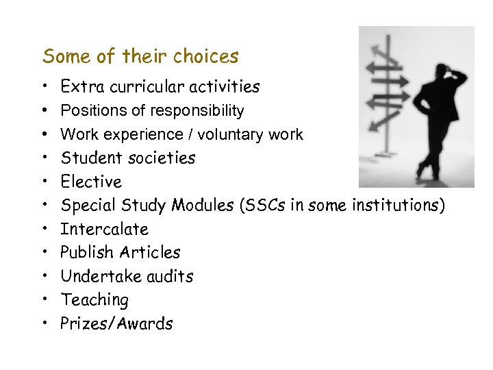 Some of their choices • • • Extra curricular activities Positions of responsibility Work