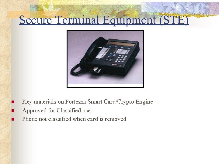 Secure Terminal Equipment (STE) n n n Key materials on Fortezza Smart Card/Crypto Engine