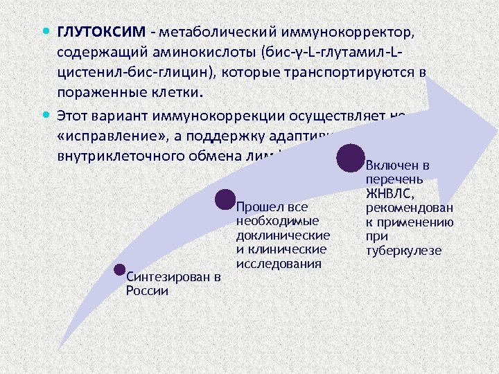  ГЛУТОКСИМ - метаболический иммунокорректор, содержащий аминокислоты (бис-γ-L-глутамил-Lцистенил-бис-глицин), которые транспортируются в пораженные клетки. Этот