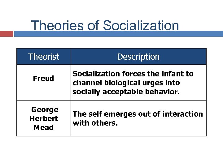 Theories of Socialization Theorist Freud George Herbert Mead Description Socialization forces the infant to