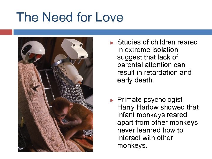 The Need for Love ► ► Studies of children reared in extreme isolation suggest