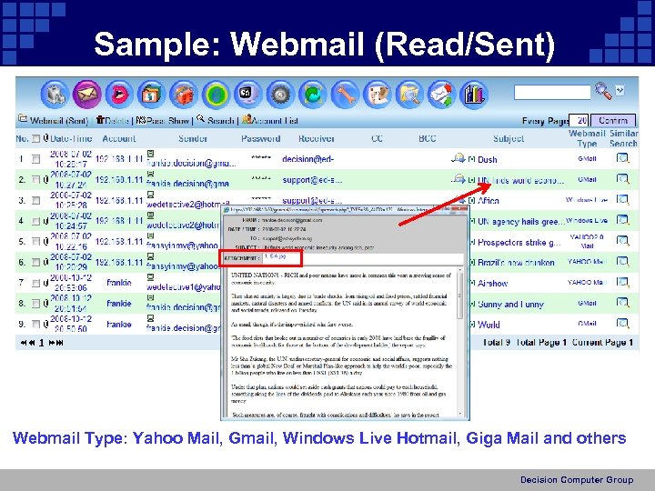 Sample: Webmail (Read/Sent) Webmail Type: Yahoo Mail, Gmail, Windows Live Hotmail, Giga Mail and