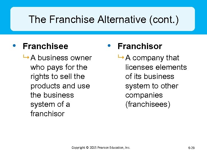 The Franchise Alternative (cont. ) • Franchisee • Franchisor 9 A business owner who