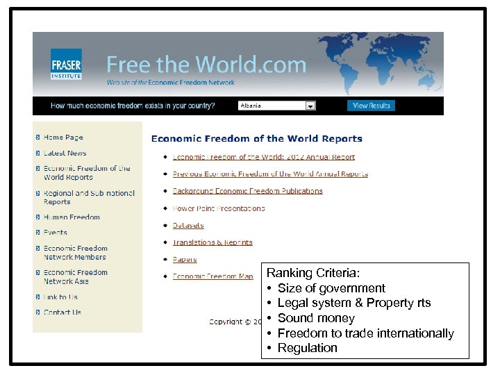 Ranking Criteria: • Size of government • Legal system & Property rts • Sound