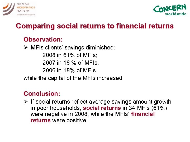 Comparing social returns to financial returns Observation: Ø MFIs clients’ savings diminished: 2008 in