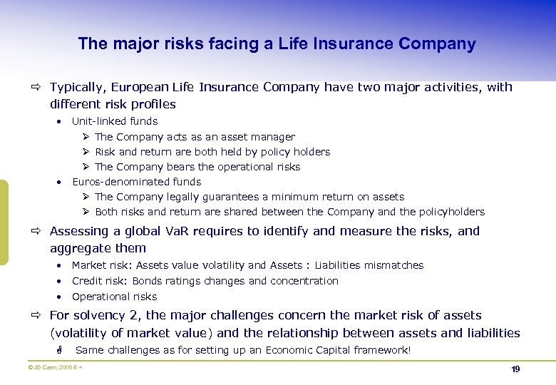 The major risks facing a Life Insurance Company ð Typically, European Life Insurance Company