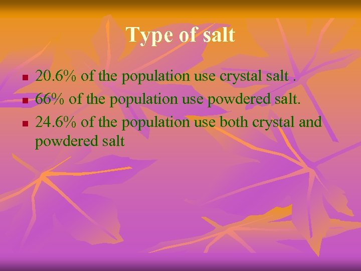 Type of salt n n n 20. 6% of the population use crystal salt.