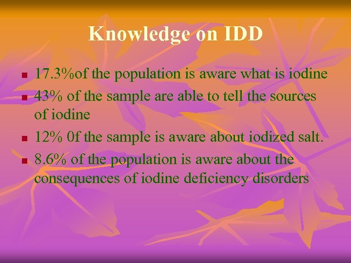 Knowledge on IDD n n 17. 3%of the population is aware what is iodine