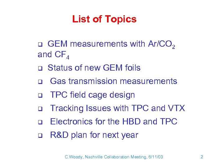 List of Topics GEM measurements with Ar/CO 2 and CF 4 q q Status